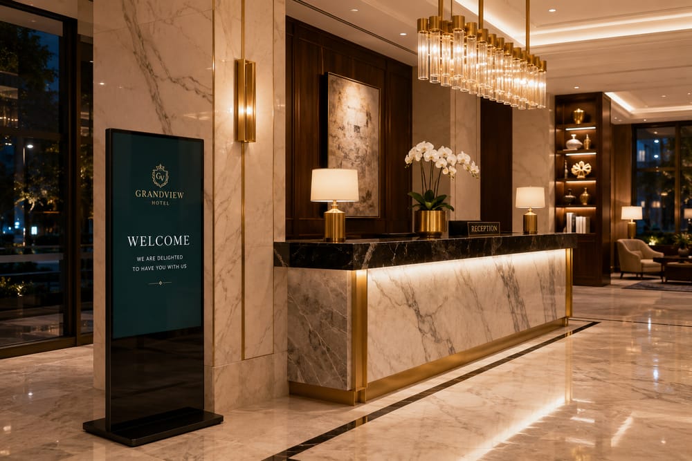 Hotel-Lobby mit digitaler Willkommensstele
