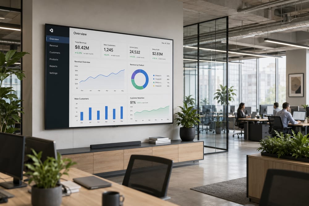Büro mit digitalem KPI-Dashboard