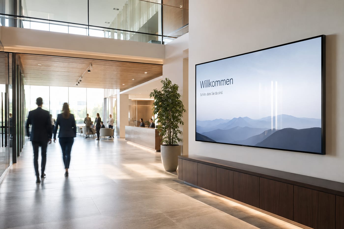 Displayna-Willkommensdisplay in einer modernen Empfangshalle